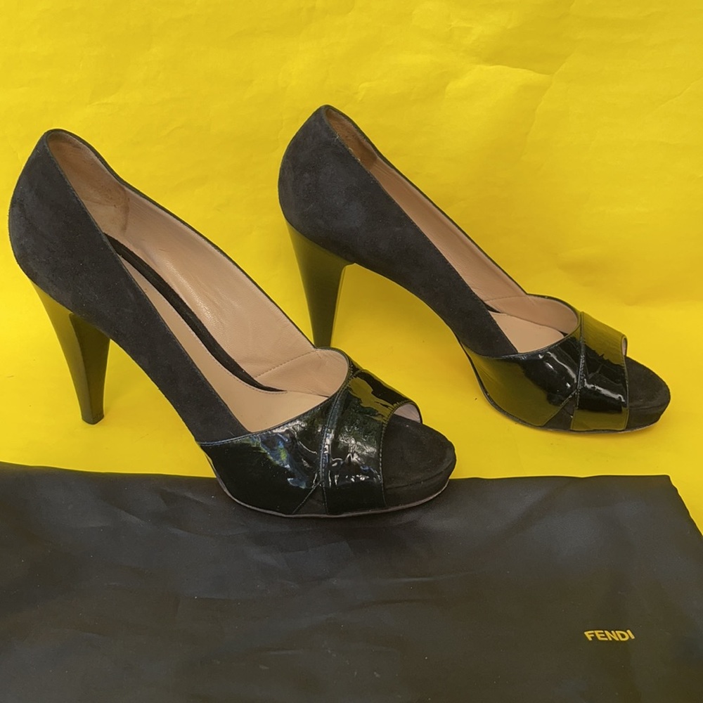 Vintage black Zucca Fendi suede/patent leather heels with dust bag - Picture 10 of 14
